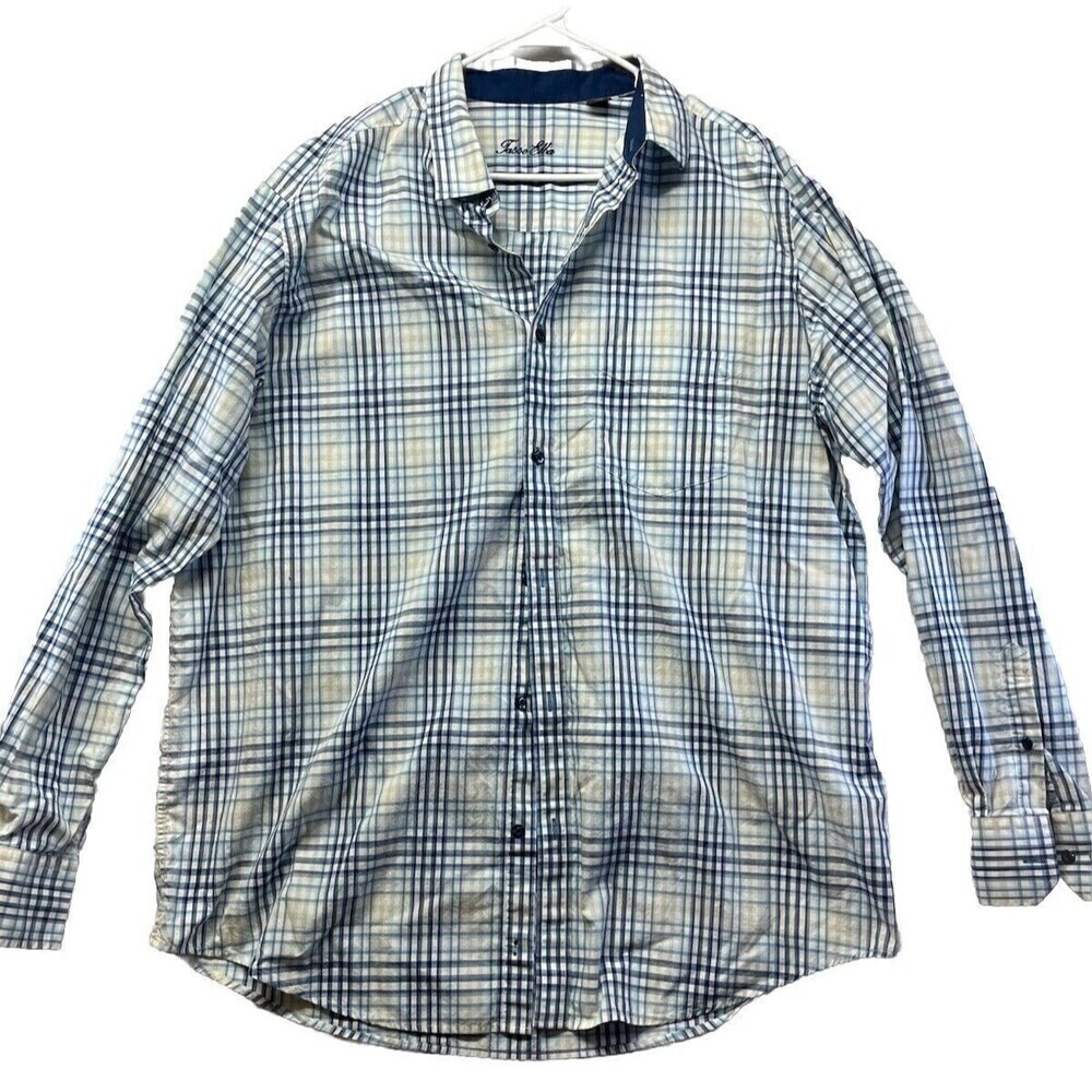 Tasso Elba Button Up Dress Shirt Mens XL Tall Blue Check Plaid 100% Cotton
